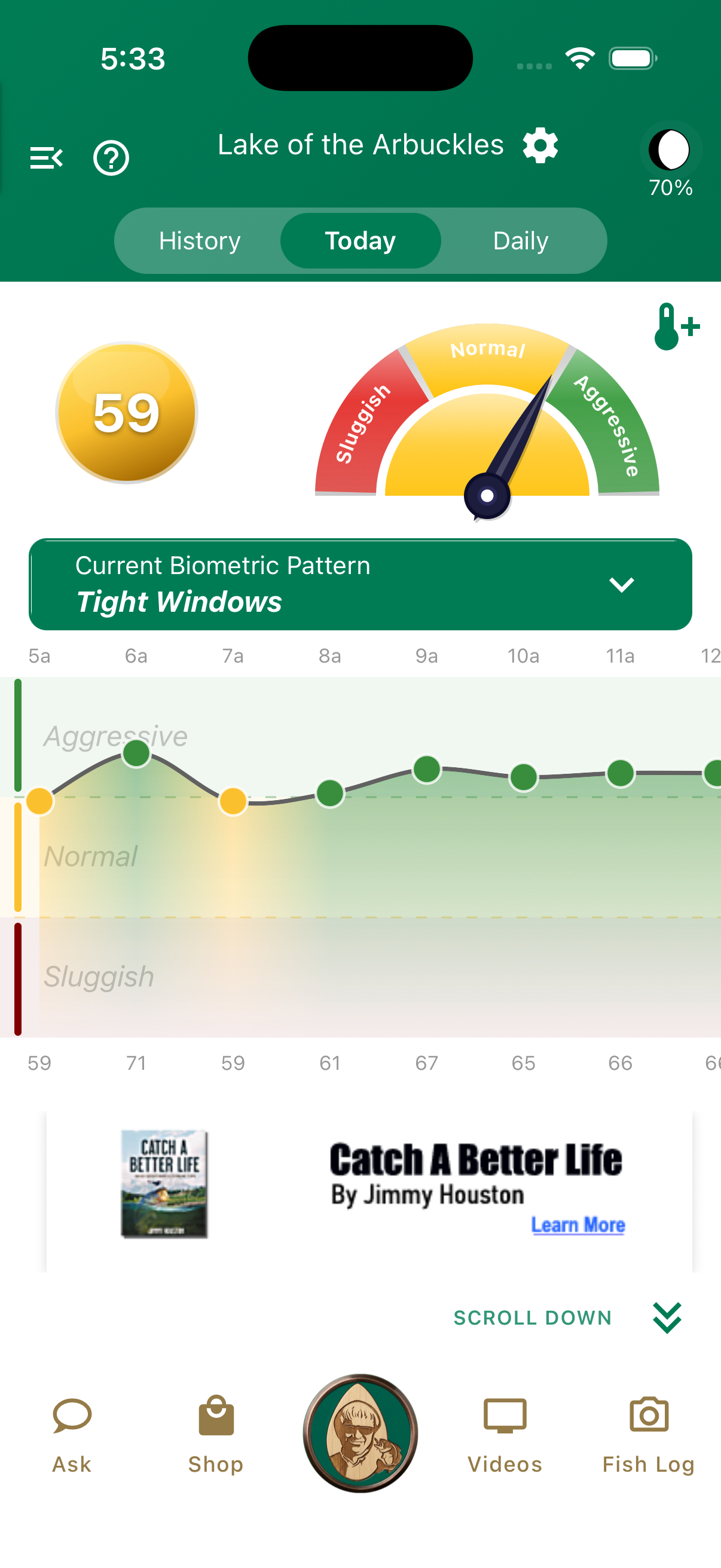 Jimmy Houston Fishing app home screen with activity score