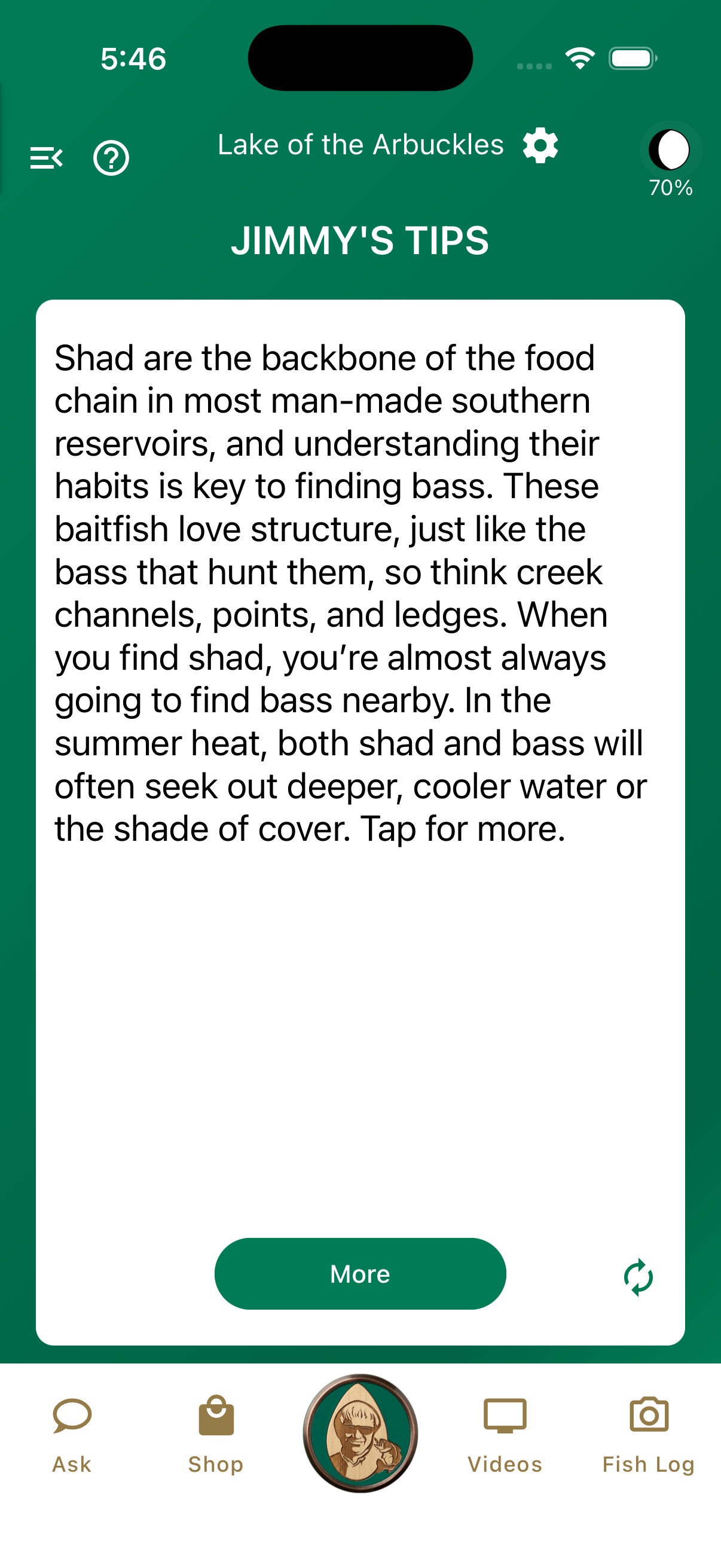 Jimmy Houston Fishing app Jimmy's tips screen