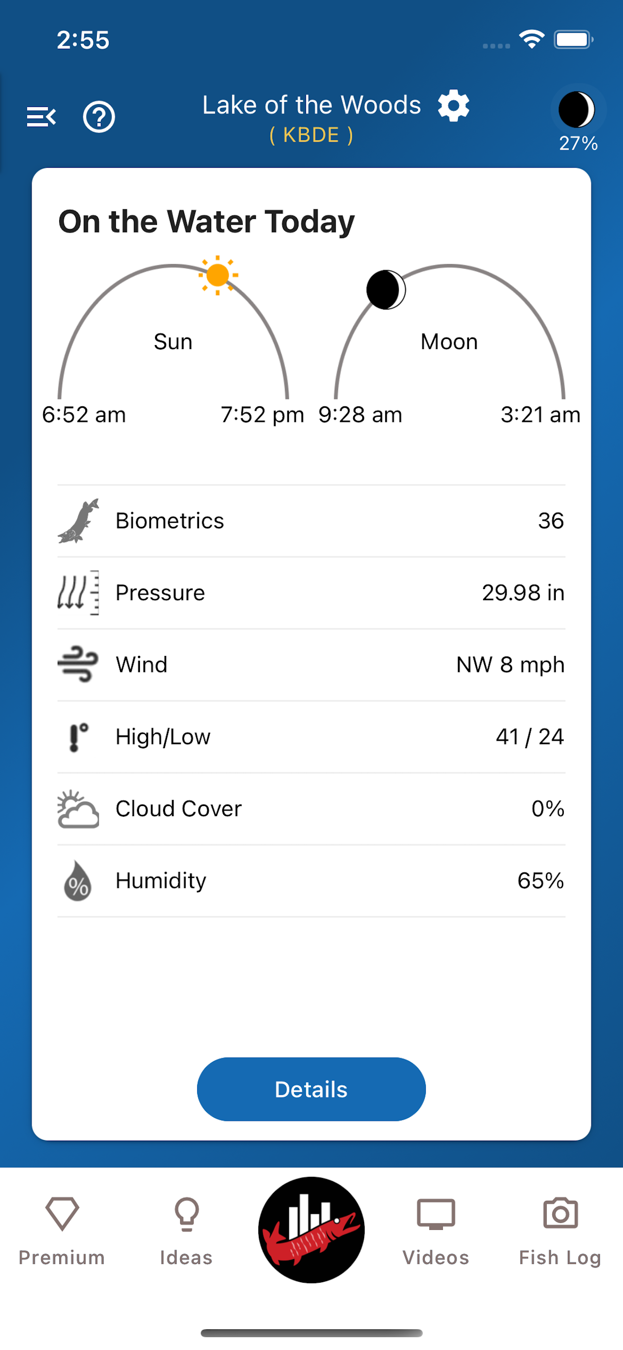 Musky Metrics app showing sun, moon, and weather data
